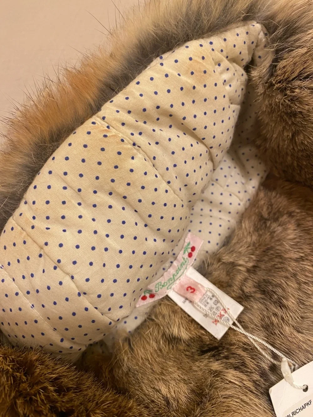 Bonpoint Rabbit Fur Trapper Hat in Natural Brown. Size 3